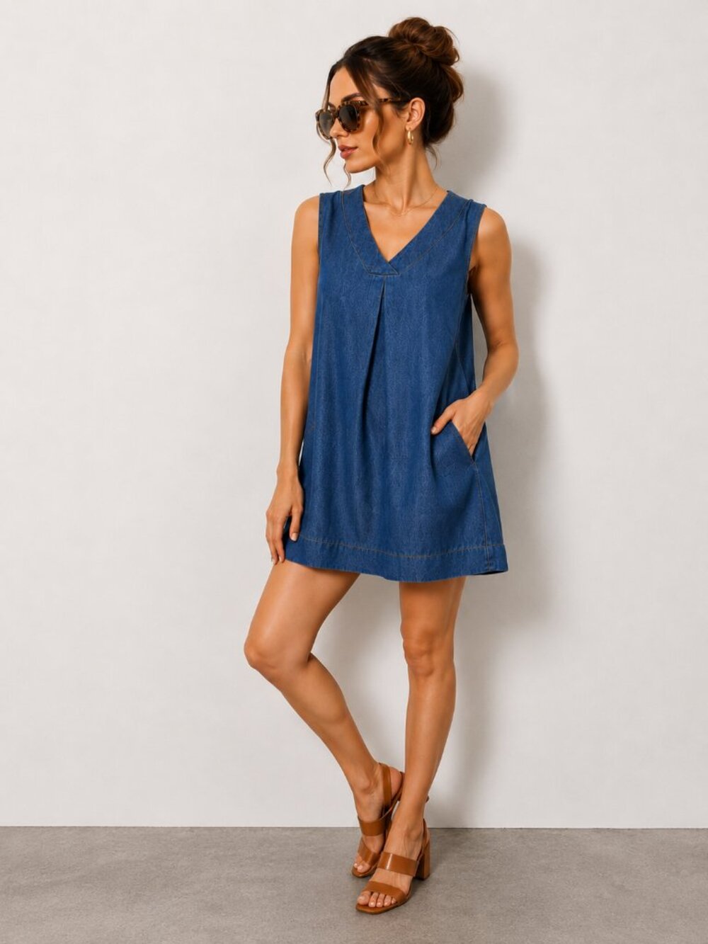 Sleeveless Denim Mini Dress V Neck Cotton Loose Fit NWT